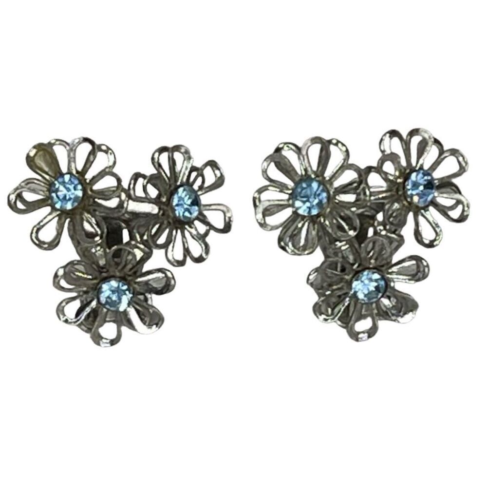 Midcentury flower clip on earring light blue glass centers